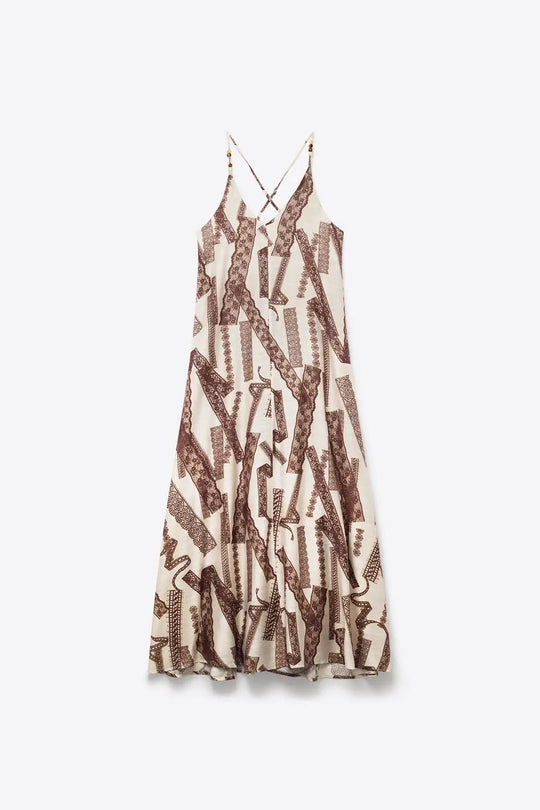 Cream and Brown Printed Flowing Maxi Dress - Dresses