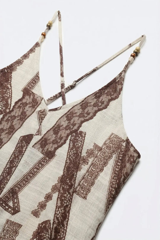 Cream and Brown Printed Flowing Maxi Dress - Dresses