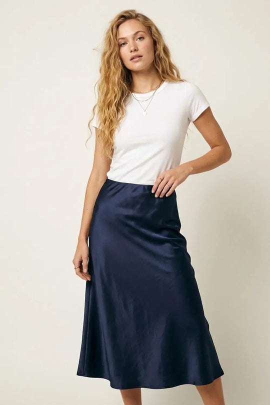 Navy Satin A-Line Midi Skirt - Skirts