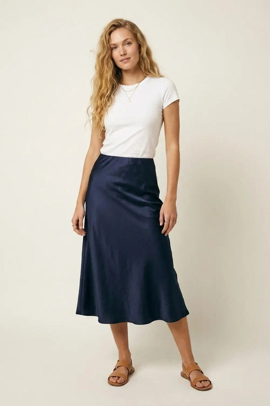 Navy Satin A-Line Midi Skirt - Skirts