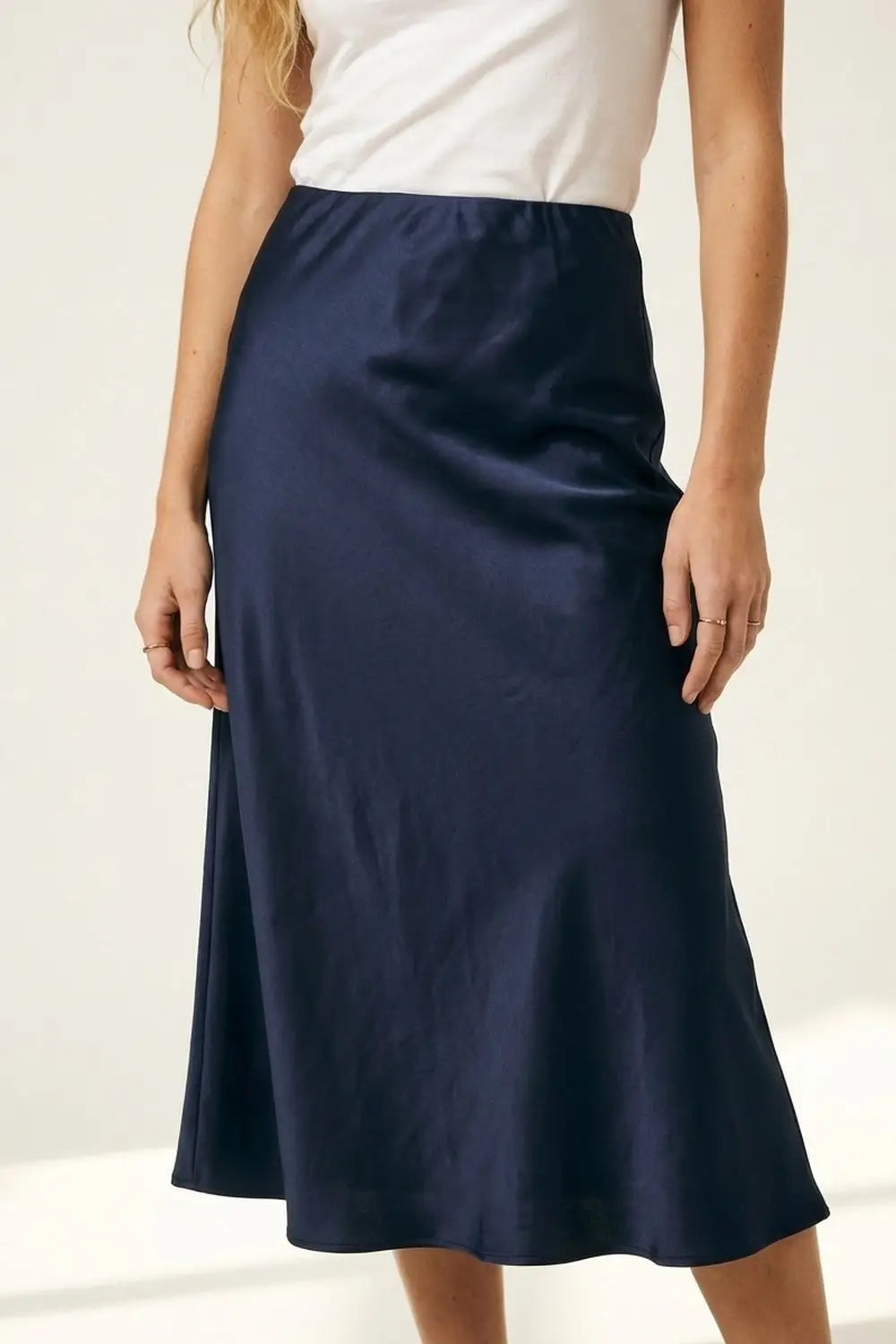 Navy Satin A-Line Midi Skirt - Skirts