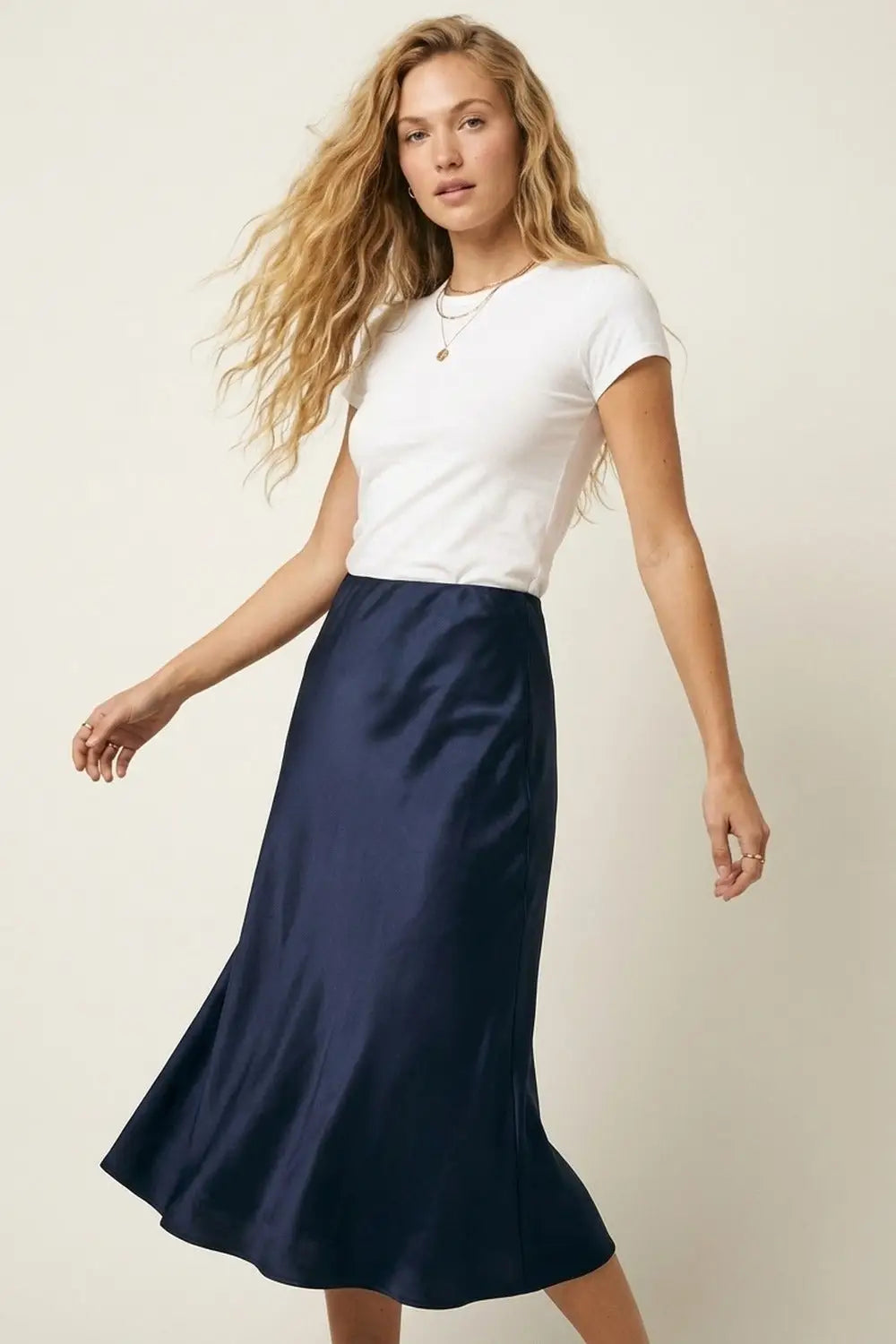 Navy Satin A-Line Midi Skirt - Skirts