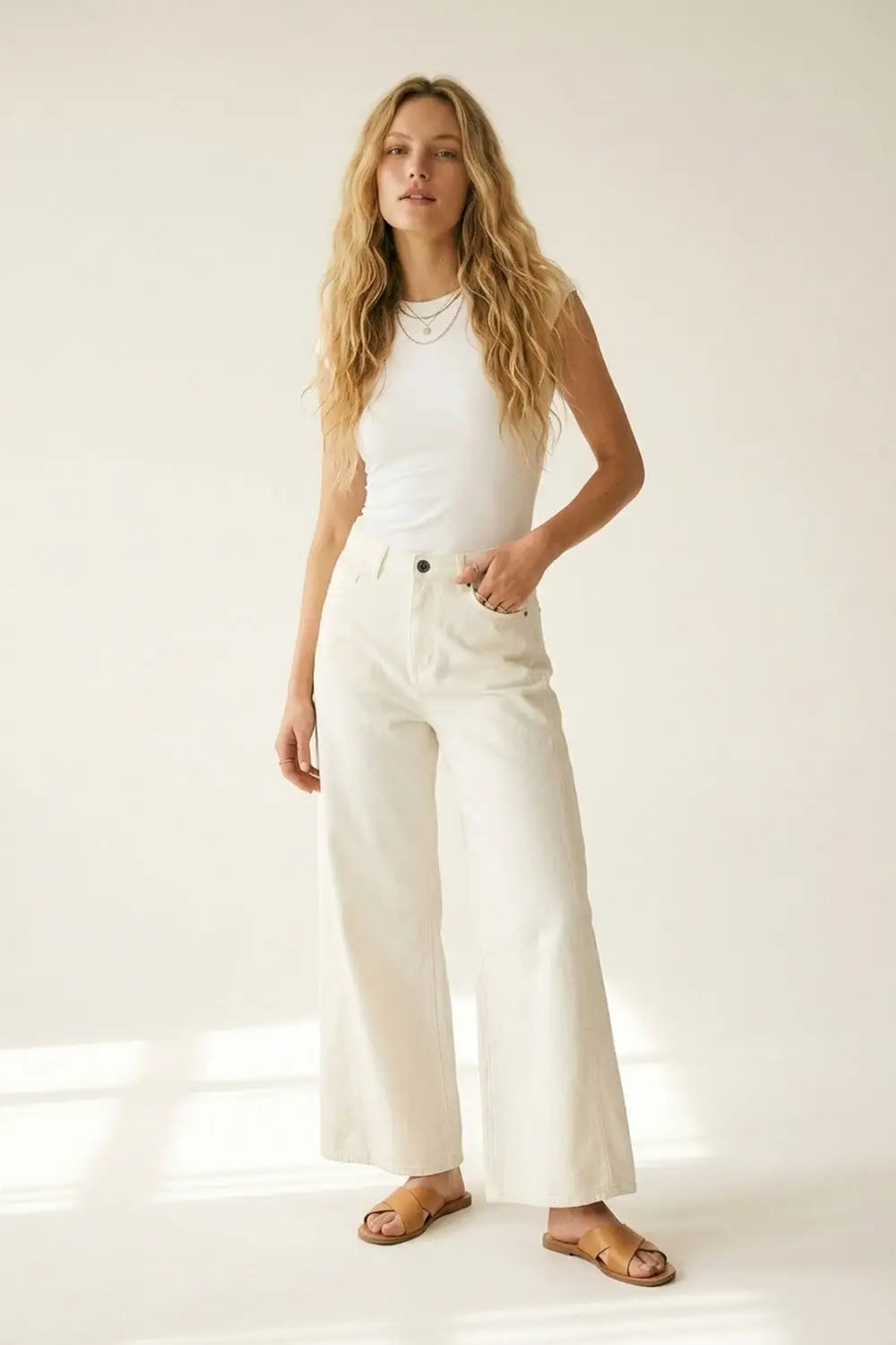 Extra Wide-Leg elastic Cotton Twill Pants in white color - Colored Jeans