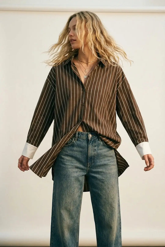 Brown Striped Long Sleeve Button-Up Shirt Dress - Shirts