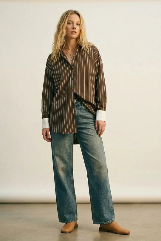 Brown Striped Long Sleeve Button-Up Shirt Dress - Shirts