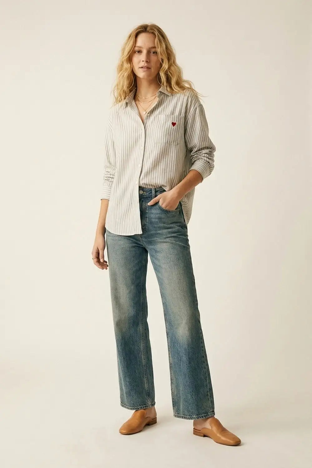 Grey Striped Relaxed Fit Button-Up Shirt with Heart Detail - Shirts