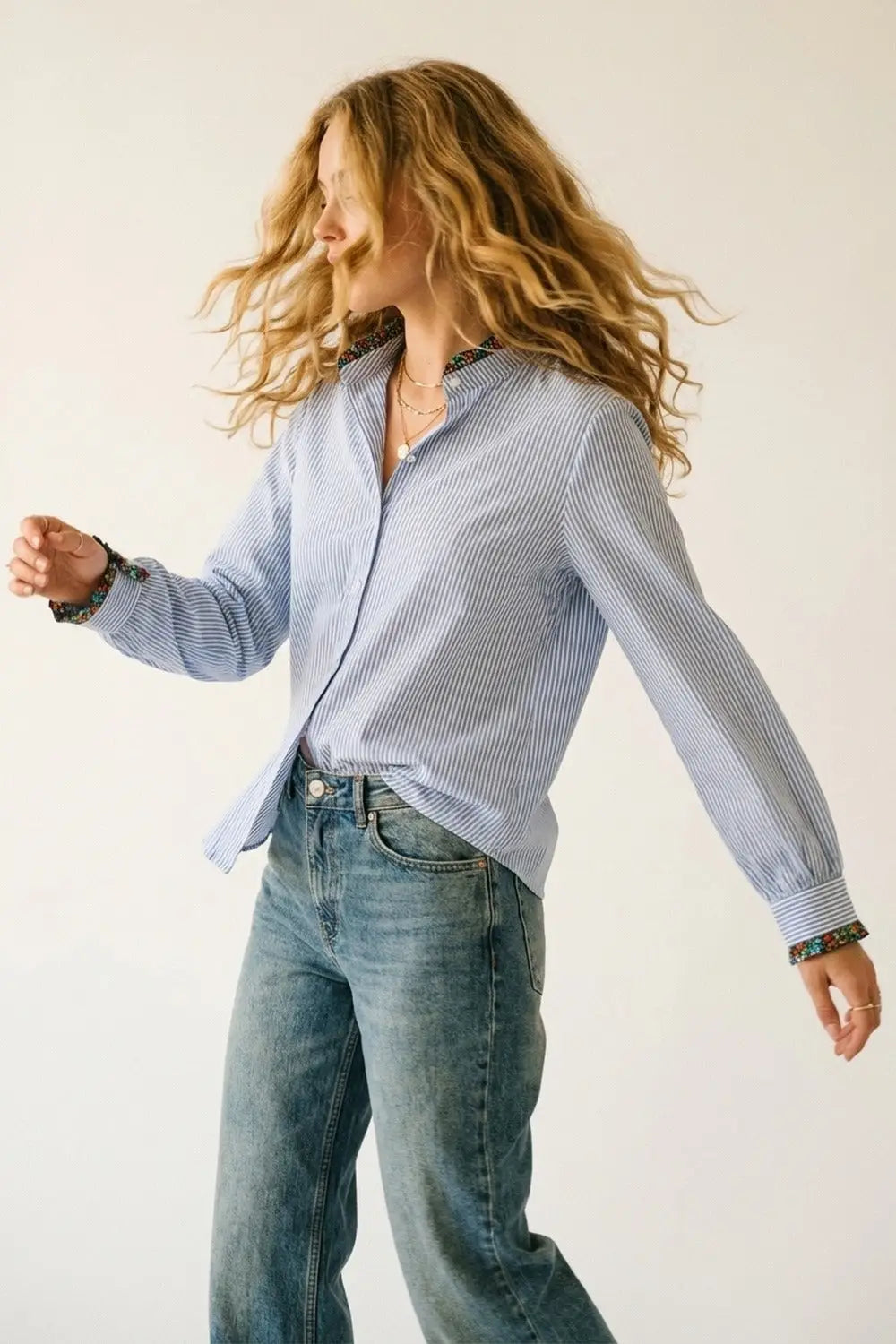 Light Blue Striped Button-Up Shirt with Floral Trim - Shirts