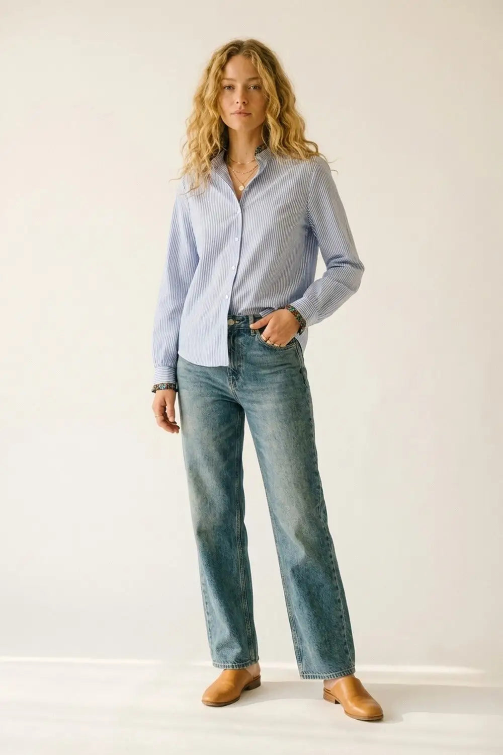 Light Blue Striped Button-Up Shirt with Floral Trim - Shirts