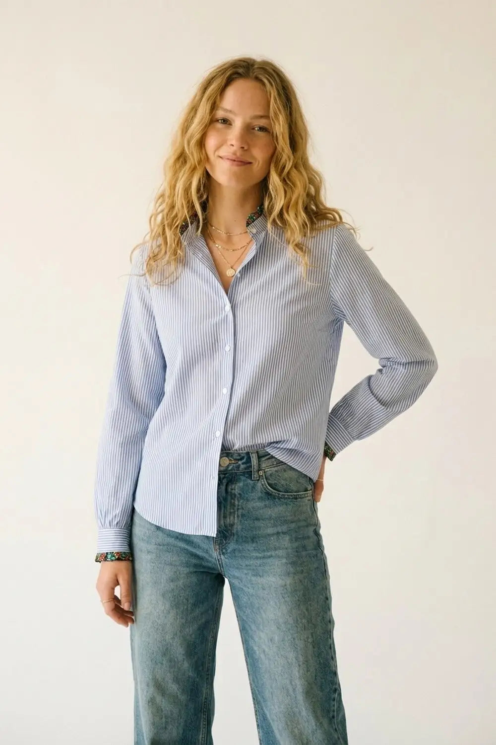 Light Blue Striped Button-Up Shirt with Floral Trim - Shirts