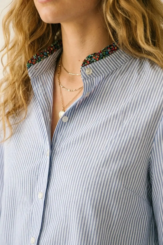 Light Blue Striped Button-Up Shirt with Floral Trim - Shirts