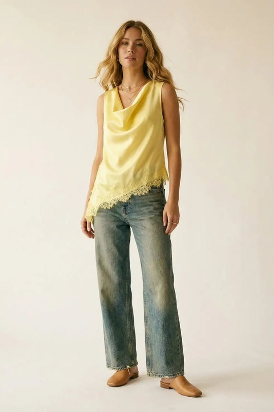 Yellow Satin Sleeveless Top with Lace Trim - Tops