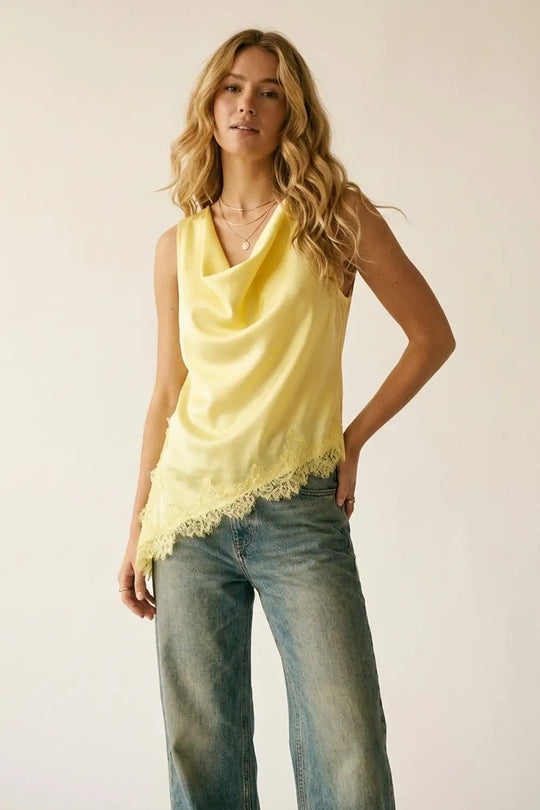 Yellow Satin Sleeveless Top with Lace Trim - Tops