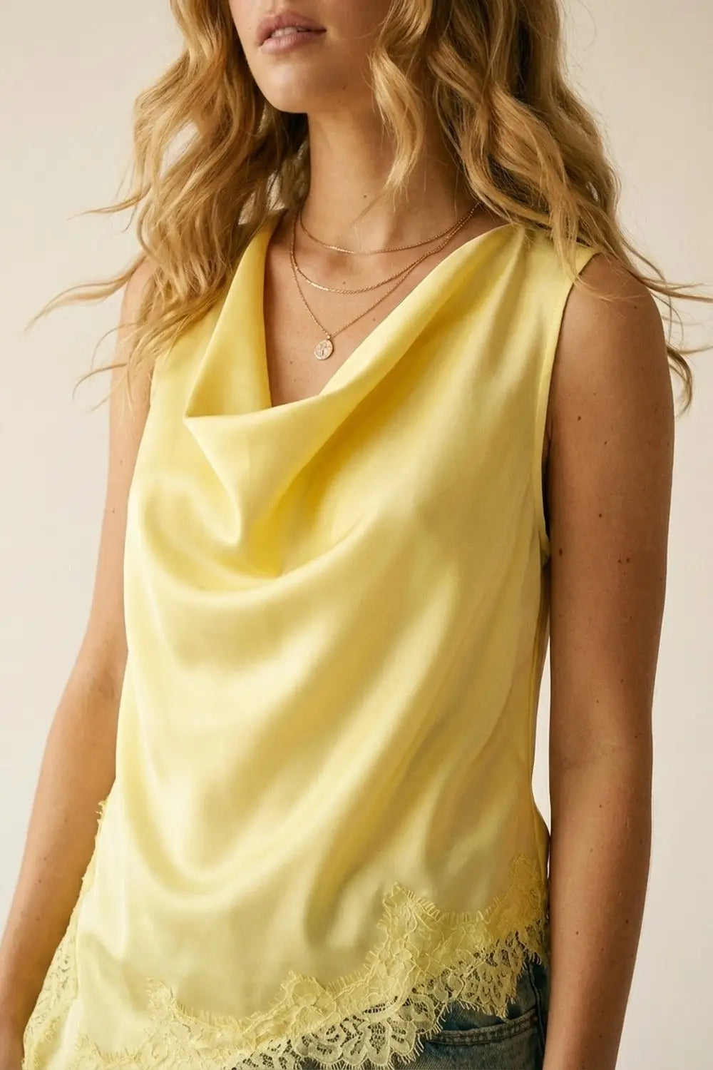 Yellow Satin Sleeveless Top with Lace Trim - Tops