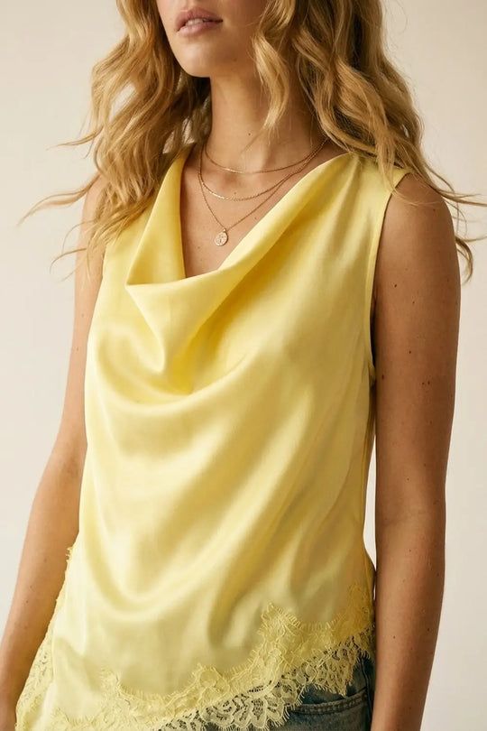 Yellow Satin Sleeveless Top with Lace Trim - Tops