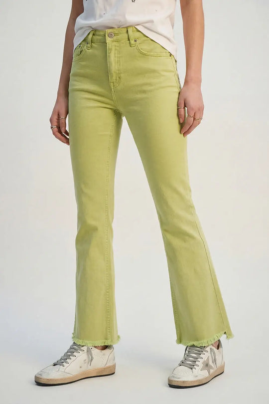 Flare jeans with raw hem edge in lime color - Colored Jeans