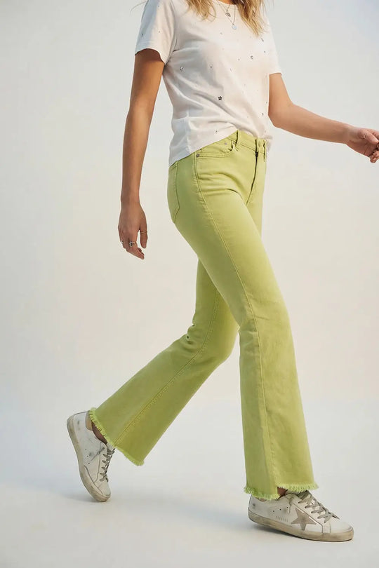 Flare jeans with raw hem edge in lime color - Colored Jeans