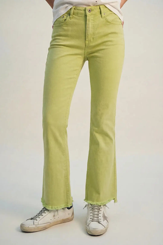 Flare jeans with raw hem edge in lime color - Colored Jeans