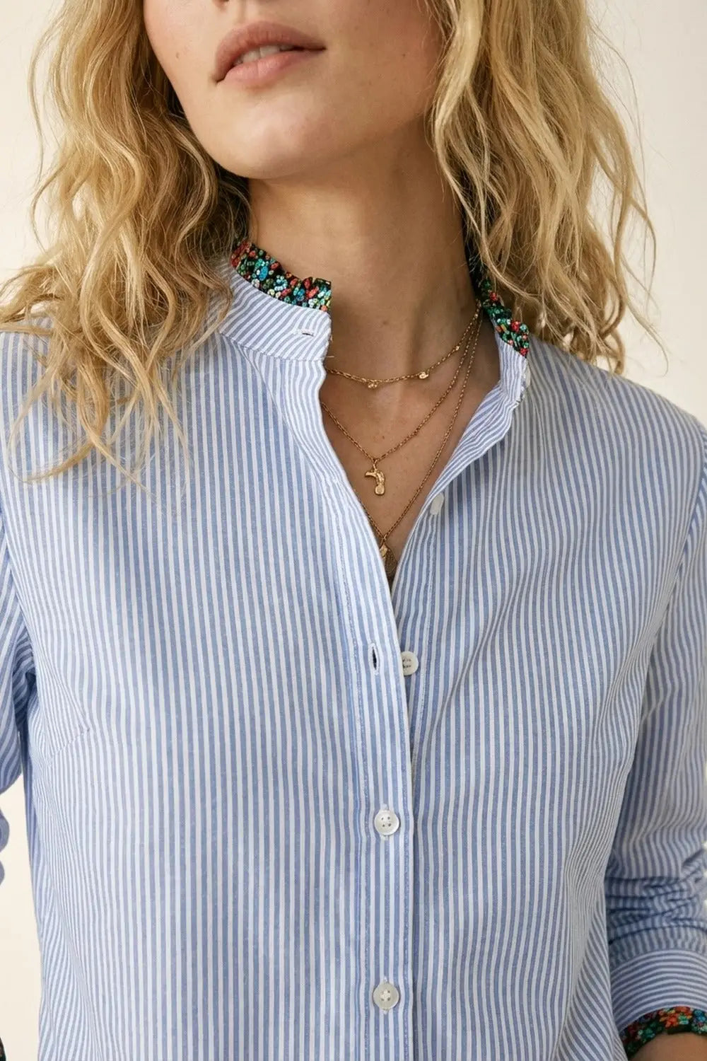 Light Blue Striped Button-Up Shirt with Floral Trim - Shirts