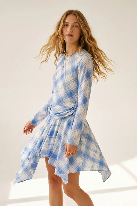 mesh fabric Long Sleeve Asymmetrical Dress in blue - Dresses