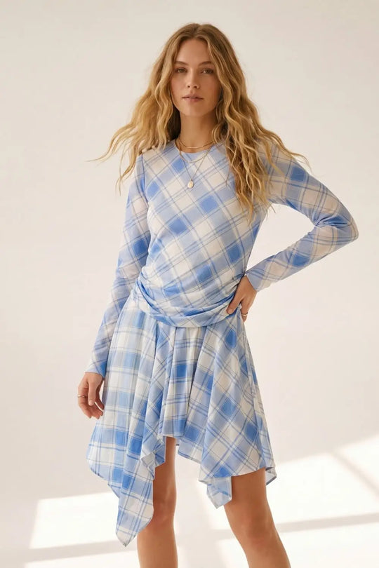mesh fabric Long Sleeve Asymmetrical Dress in blue - Dresses