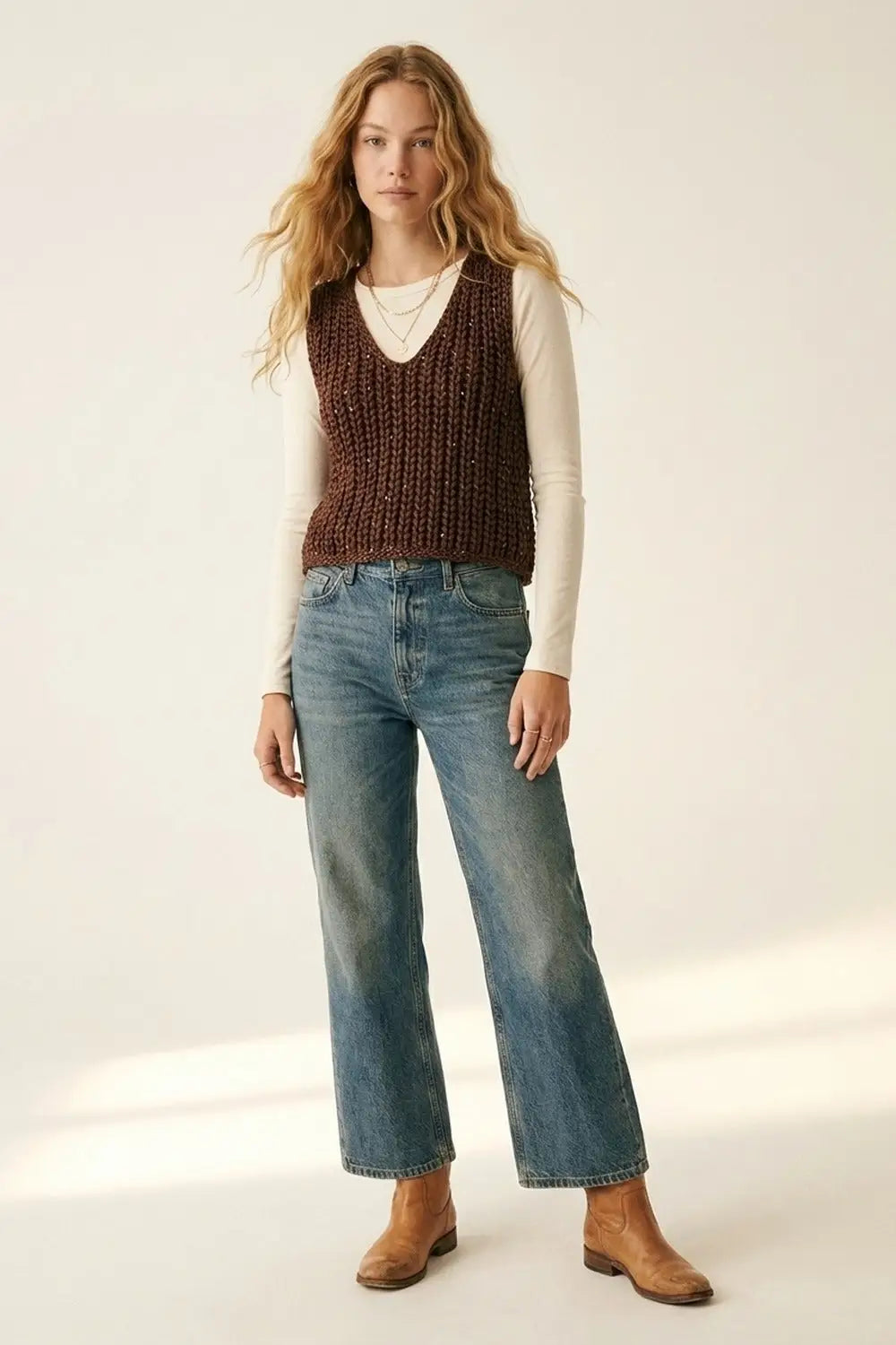 Brown Chunky Knit V-Neck Sweater Vest - BROWN / ONE - Sweaters