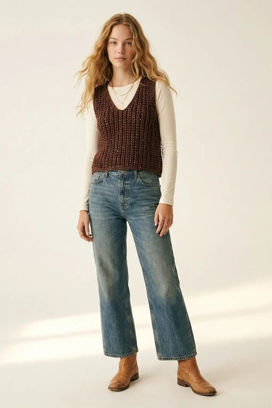 Brown Chunky Knit V-Neck Sweater Vest - BROWN / ONE - Sweaters