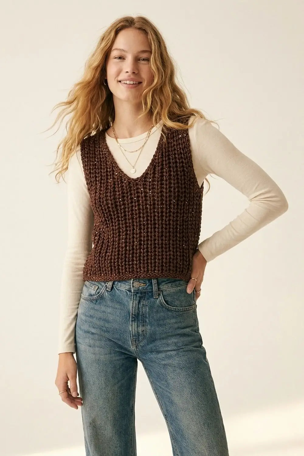 Brown Chunky Knit V-Neck Sweater Vest - BROWN / ONE - Sweaters