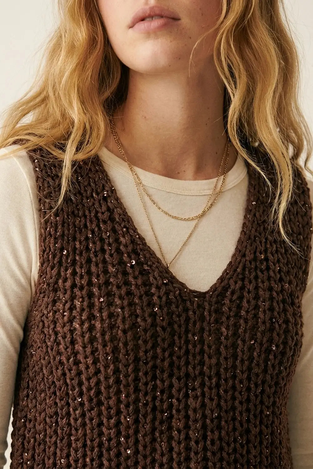 Brown Chunky Knit V-Neck Sweater Vest - BROWN / ONE - Sweaters