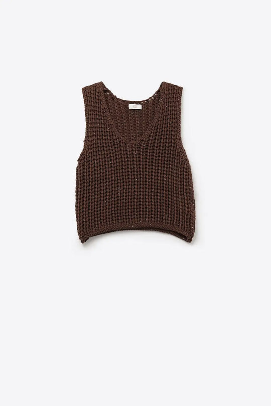Brown Chunky Knit V-Neck Sweater Vest - BROWN / ONE - Sweaters