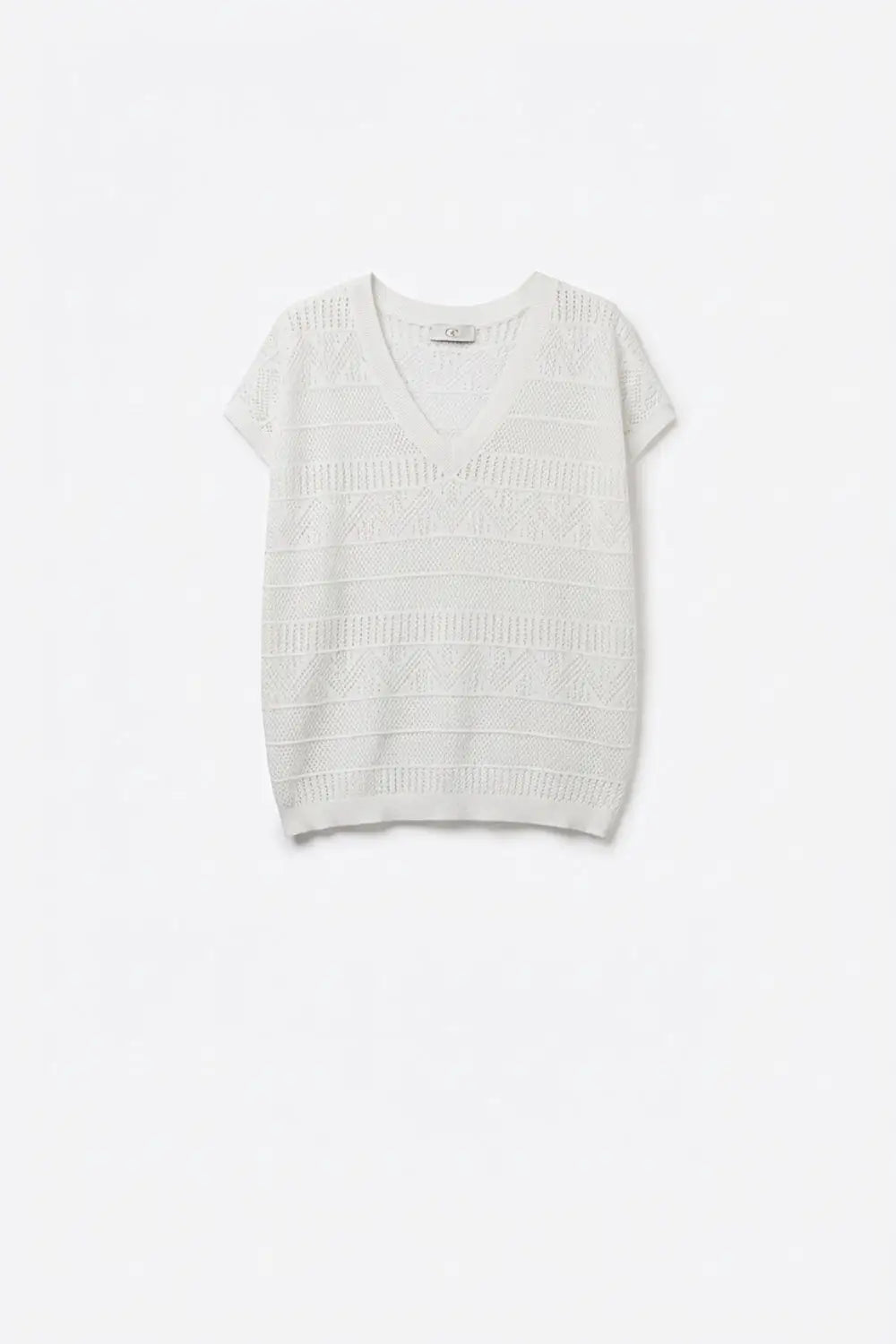 White Open Knit V-Neck Short Sleeve Sweater - WHITE / ONE - Tops