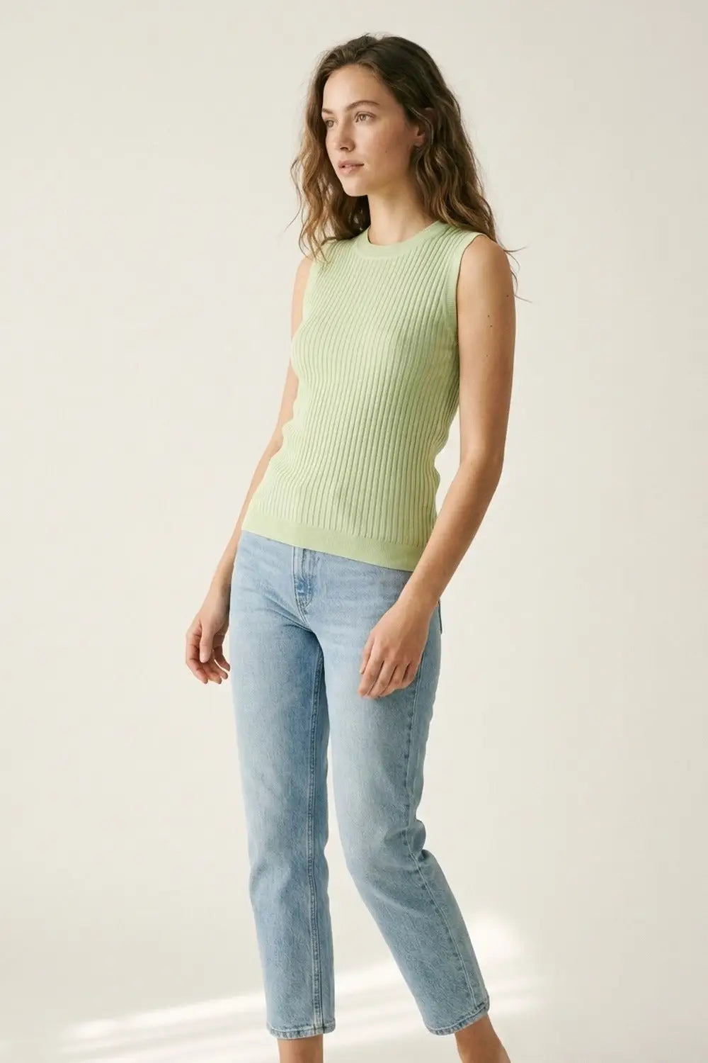Light Green Ribbed Knit Sleeveless Top - GREEN / ONE - Tops