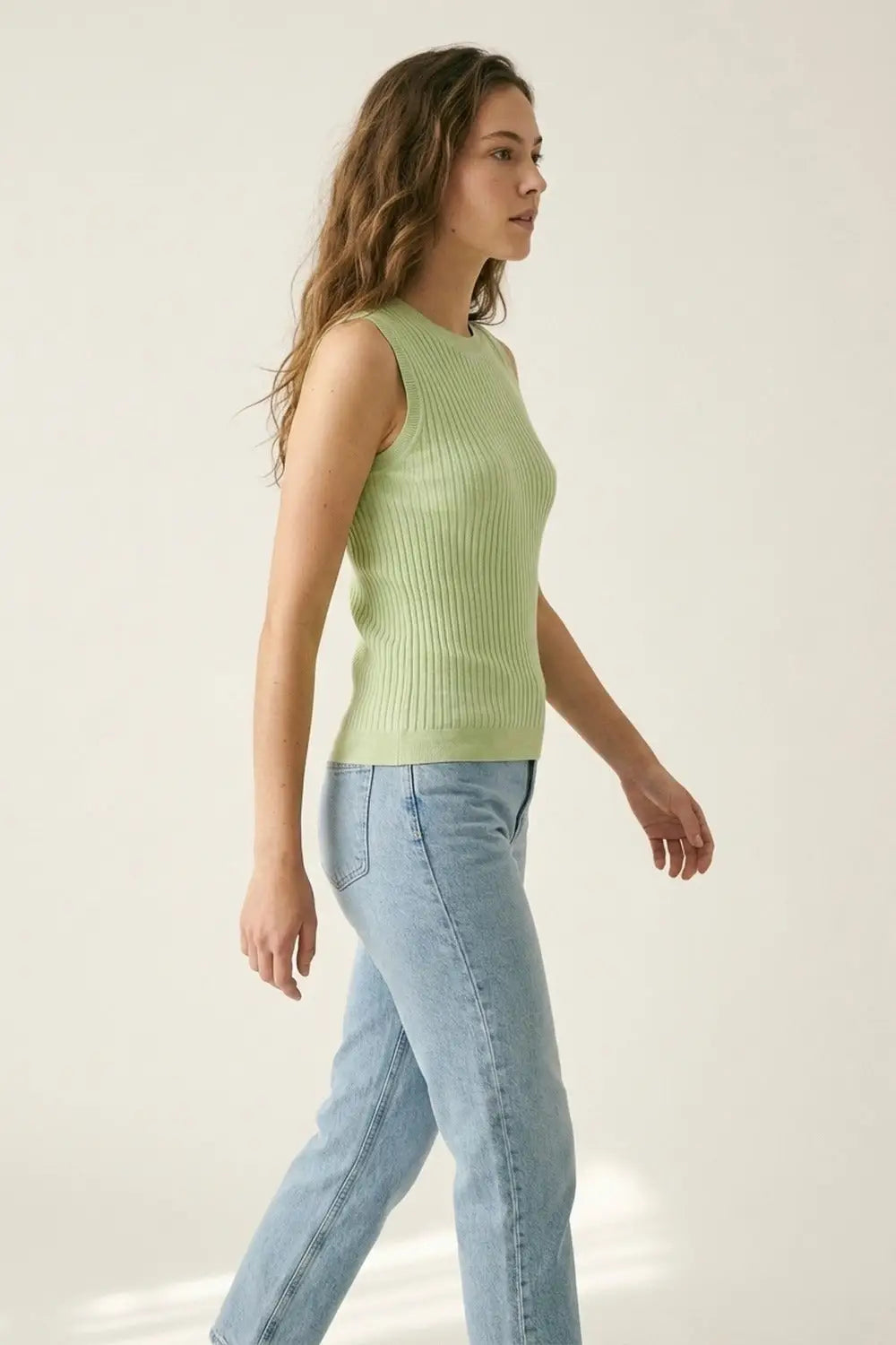 Light Green Ribbed Knit Sleeveless Top - GREEN / ONE - Tops