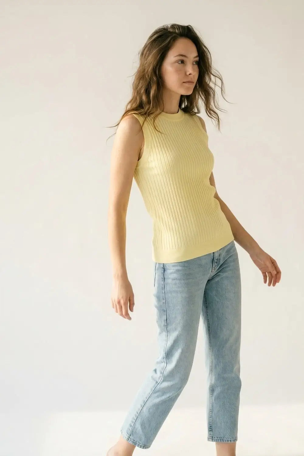 Yellow Sleeveless Ribbed Knit Top - YELLOW / ONE - Tops