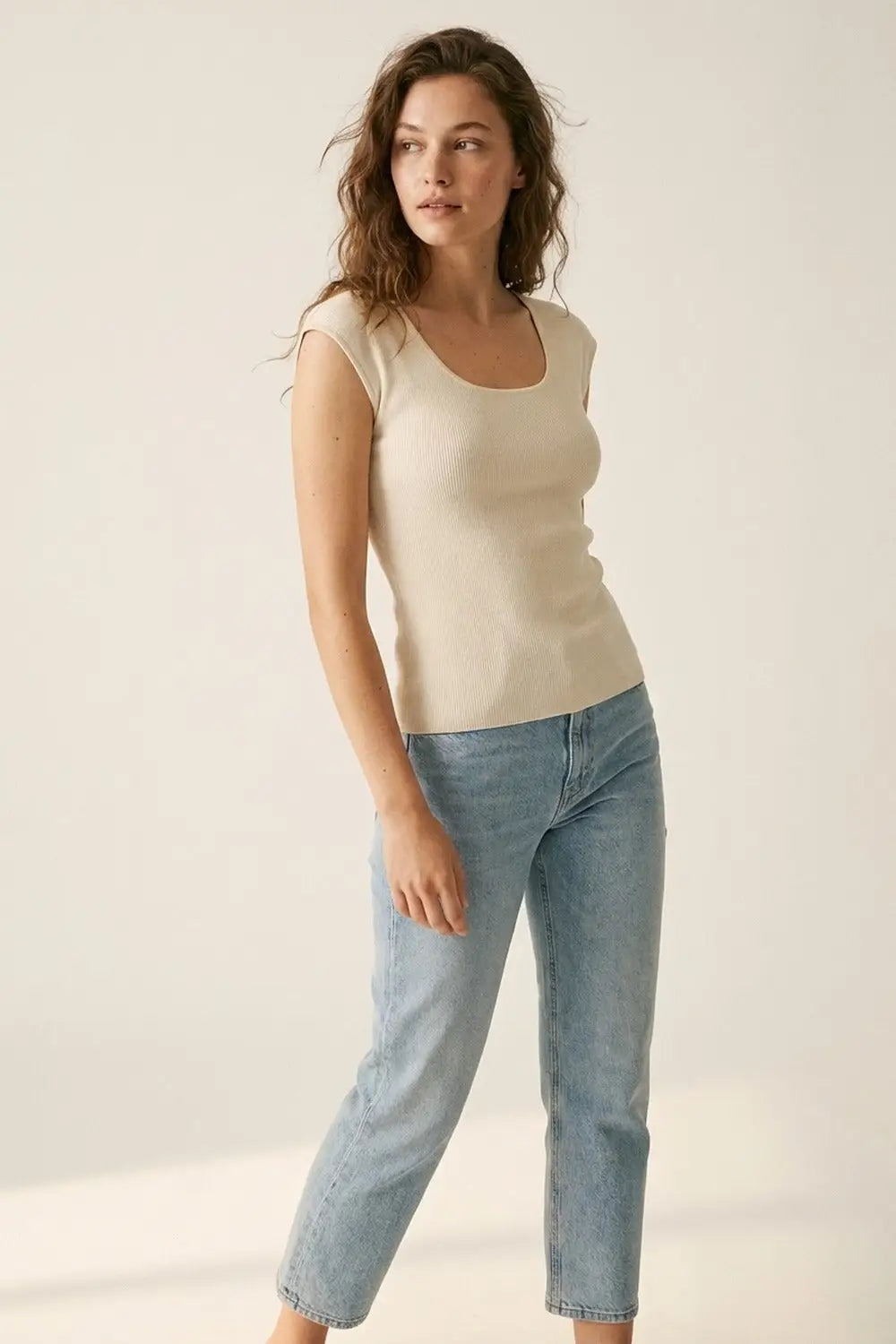 Cream Ribbed Knit Scoop Neck Cap Sleeve Top - BEIGE / ONE - Sweaters