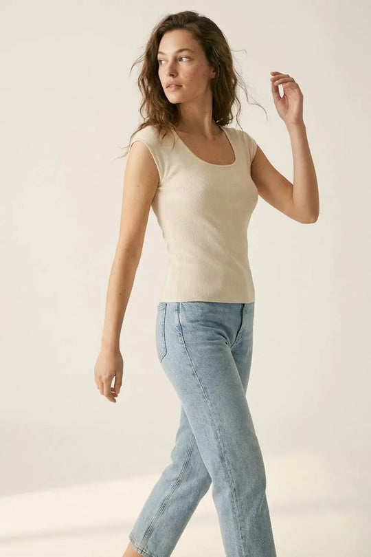 Cream Ribbed Knit Scoop Neck Cap Sleeve Top - BEIGE / ONE - Sweaters