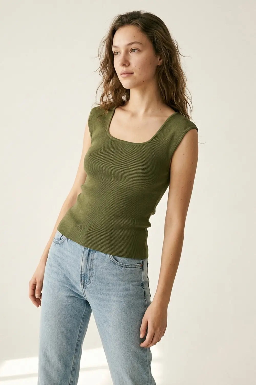 Olive Green Ribbed Knit Sleeveless Square Neck Top - KHAKI / ONE - Tops