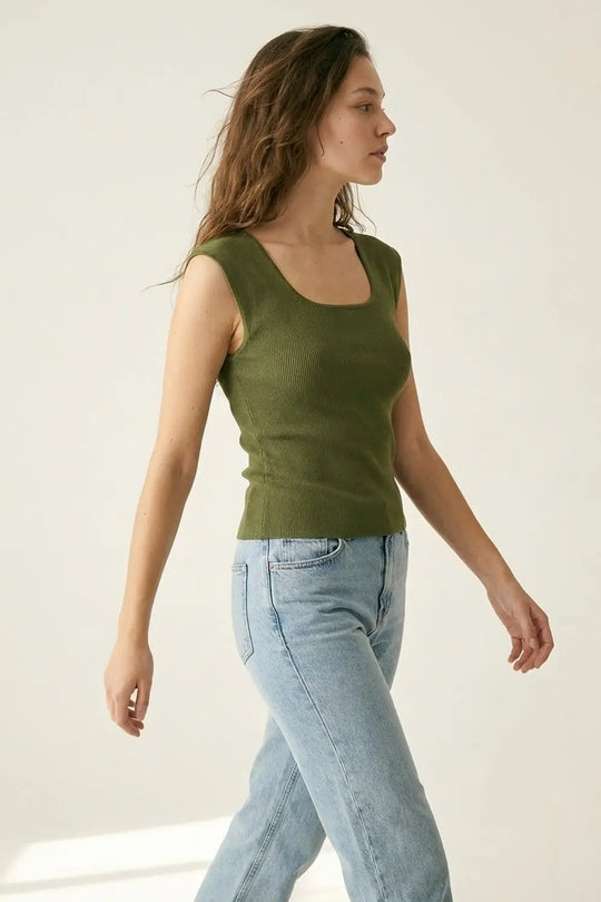 Olive Green Ribbed Knit Sleeveless Square Neck Top - KHAKI / ONE - Tops