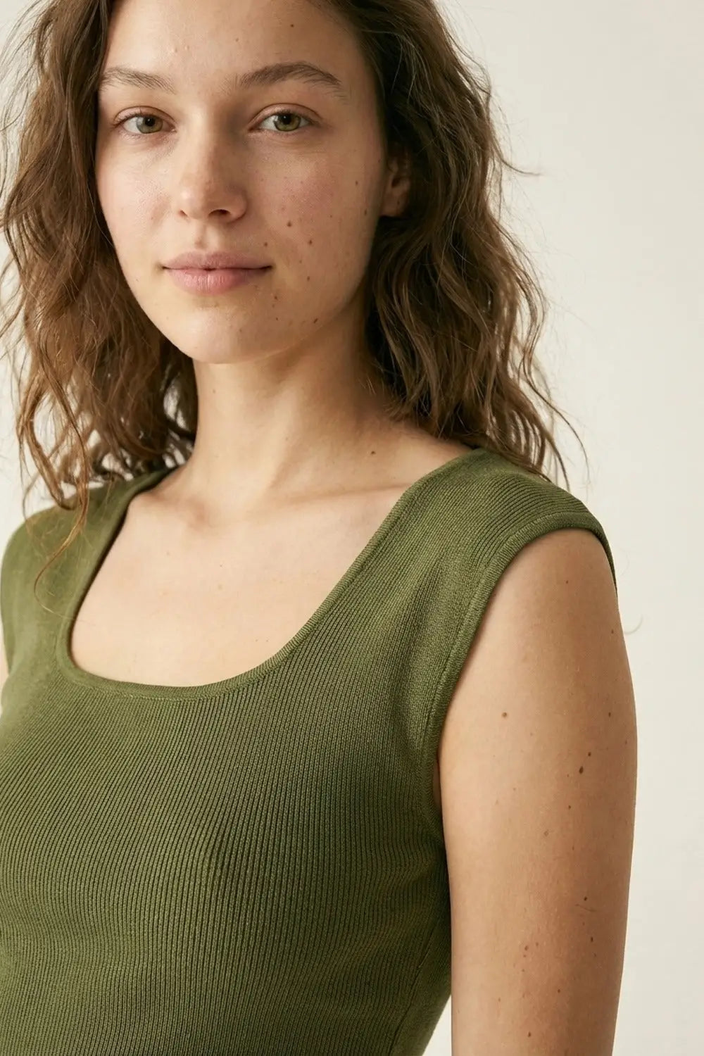 Olive Green Ribbed Knit Sleeveless Square Neck Top - KHAKI / ONE - Tops