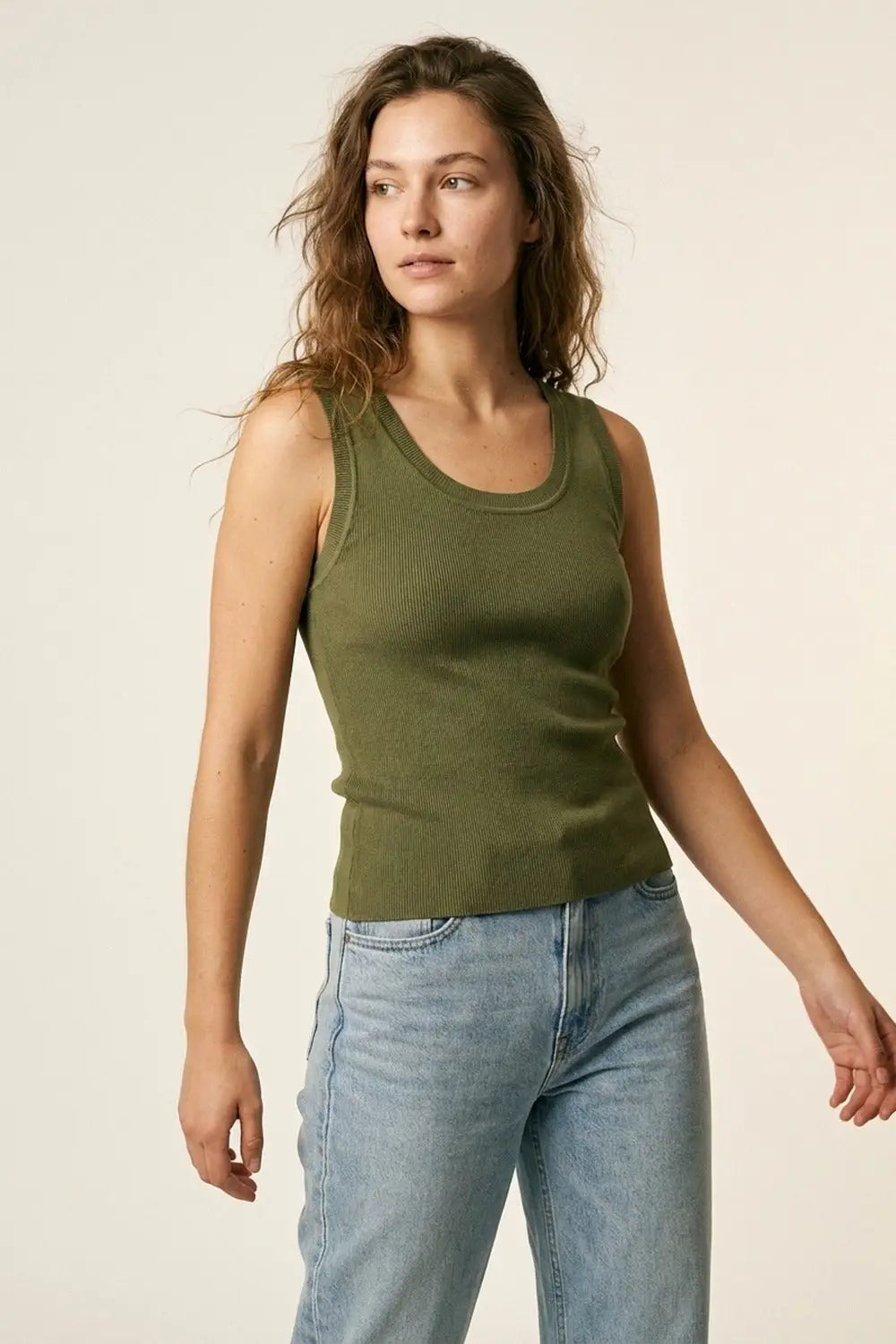 Olive Green Ribbed Knit Tank Top for Layering - KHAKI / ONE - Tops