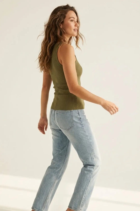 Olive Green Ribbed Knit Tank Top for Layering - KHAKI / ONE - Tops