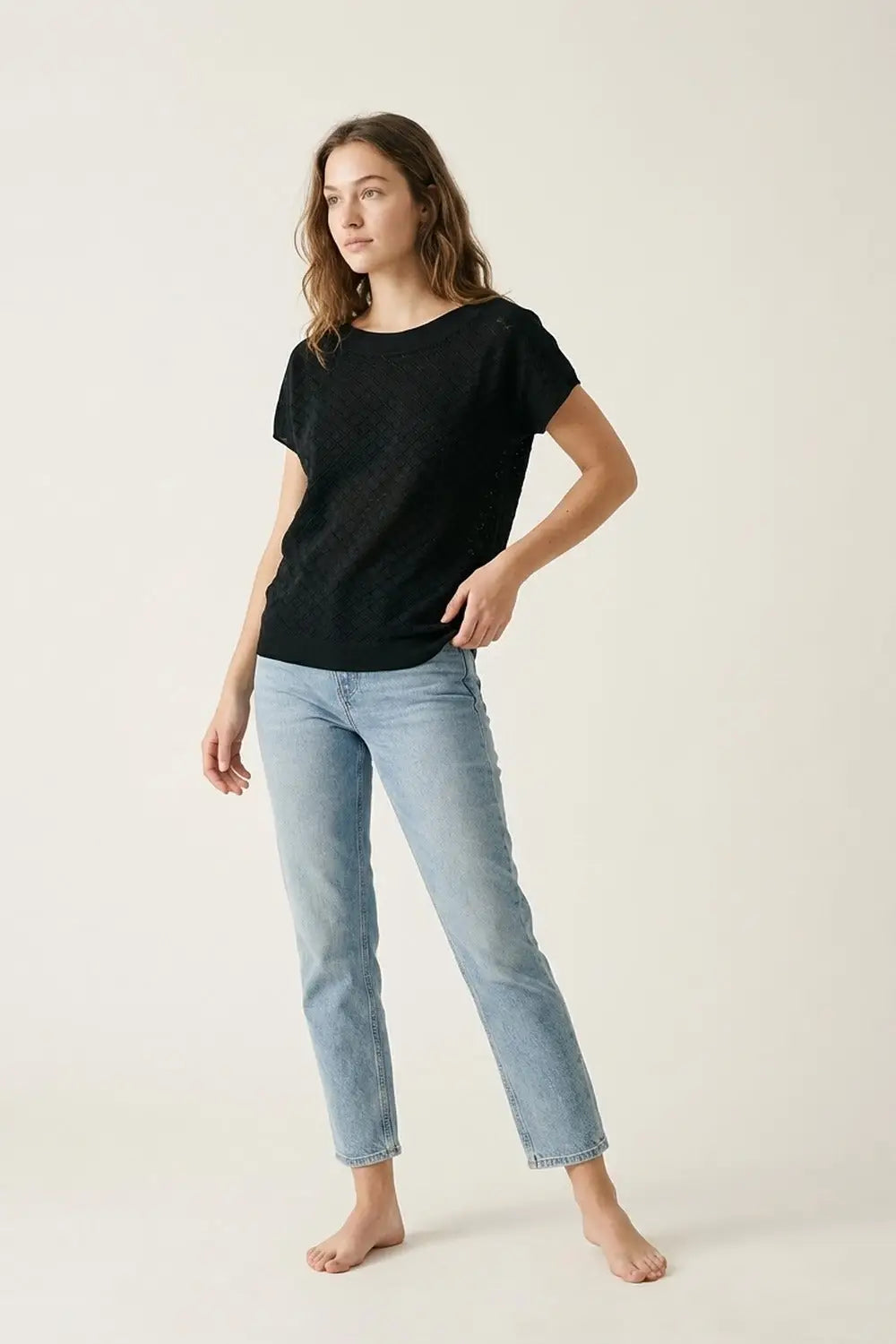 Black Textured Knit Short Sleeve Sweater Top - BLACK / ONE - Sweaters