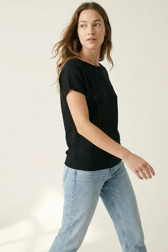 Black Textured Knit Short Sleeve Sweater Top - BLACK / ONE - Sweaters