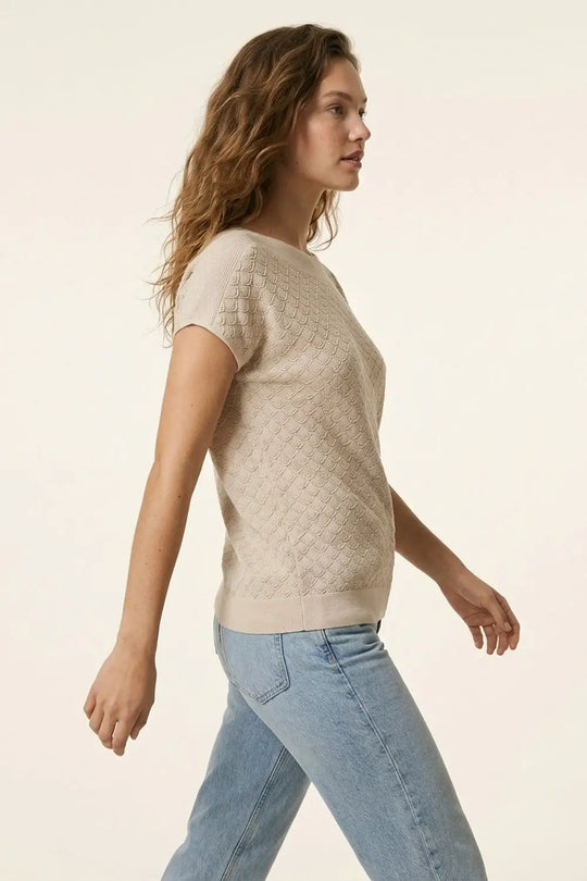 Beige Textured Knit Short Sleeve Sweater Top - BEIGE / ONE - Sweaters