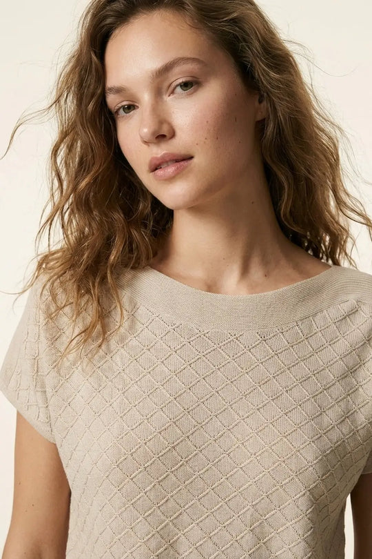 Beige Textured Knit Short Sleeve Sweater Top - BEIGE / ONE - Sweaters