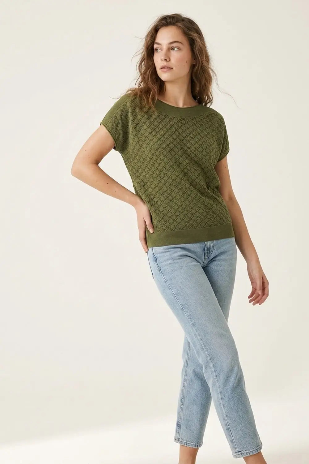 Olive Green Textured Knit Short Sleeve Sweater Top - KHAKI / ONE - Sweaters