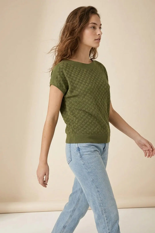 Olive Green Textured Knit Short Sleeve Sweater Top - KHAKI / ONE - Sweaters