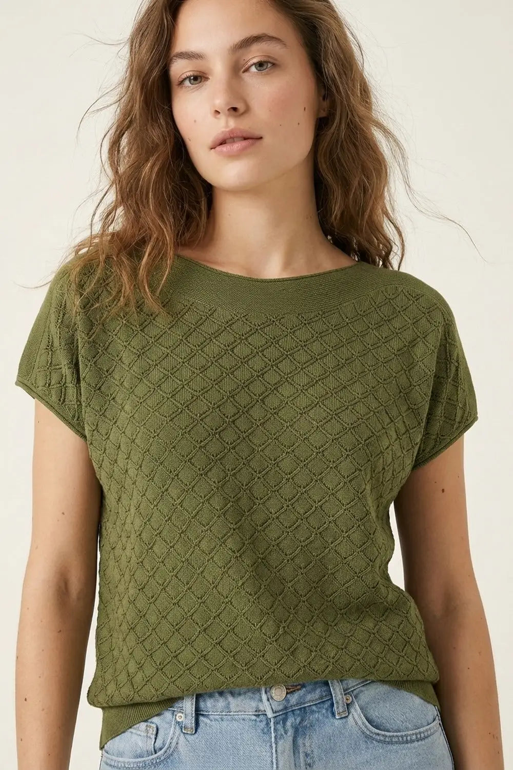 Olive Green Textured Knit Short Sleeve Sweater Top - KHAKI / ONE - Sweaters