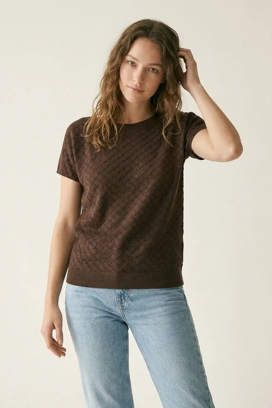 Brown Knit Short Sleeve Relaxed Fit Sweater - BROWN / ONE - Sweaters