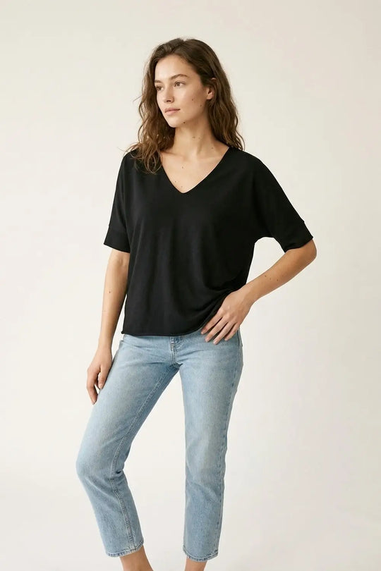 Black V-Neck Relaxed Fit Short Sleeve Top - BLACK / ONE - Sweaters