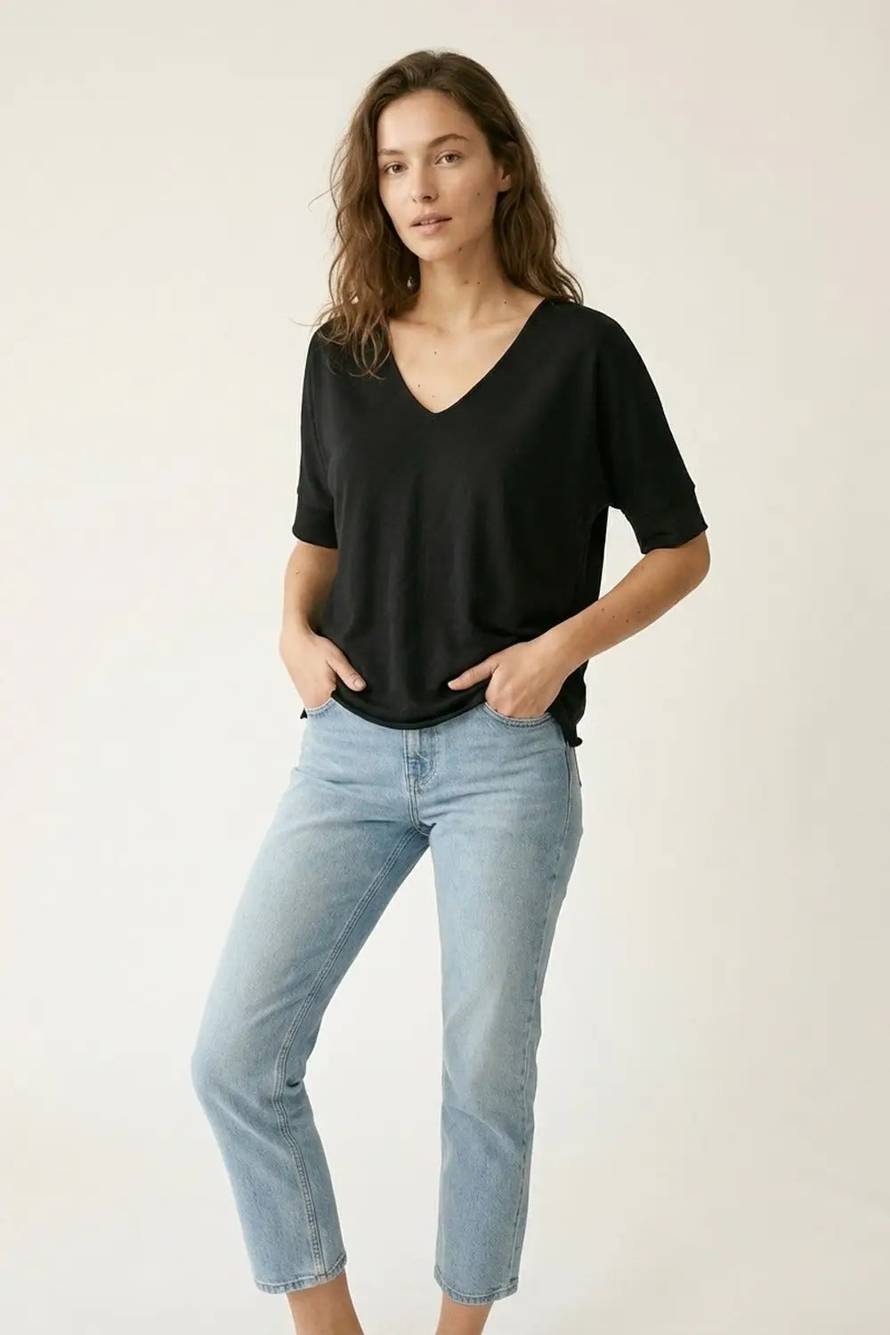 Black V-Neck Relaxed Fit Short Sleeve Top - BLACK / ONE - Sweaters